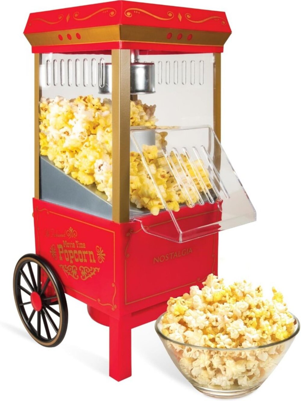 Vintage Hot-Air Popcorn Maker - Oil-Free, 12 Cups, Classic Cart with Wheels, Red